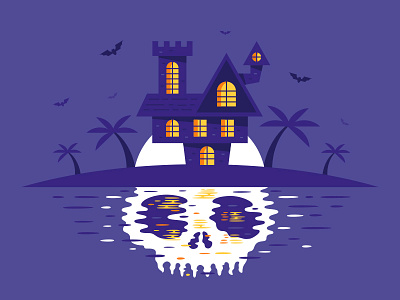 Halloween On The Island batt castle flat halloween horror illustration island moon ocean palm skull trick or treat