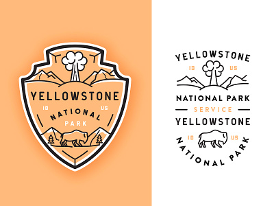 Yellowstone National Park adventures badge buffalo crest flat illustration line art outdoors outline travel typography volcano yellowstone