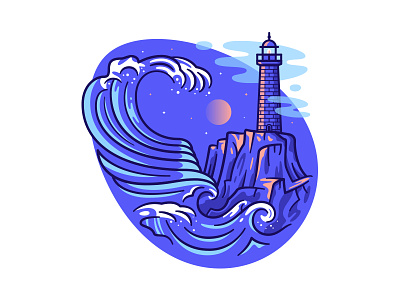 Nazare Big Wave flat illustration lighthouse line art moon nazare night ocean outline portugal surf wave