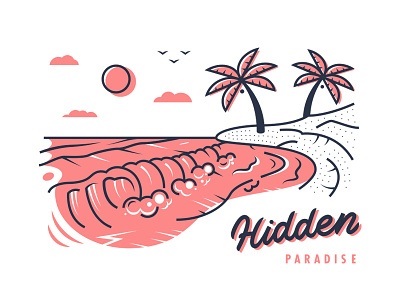 Hidden Paradise illustration island lettering line art ocean outline palm paradise surf swell tropical waves
