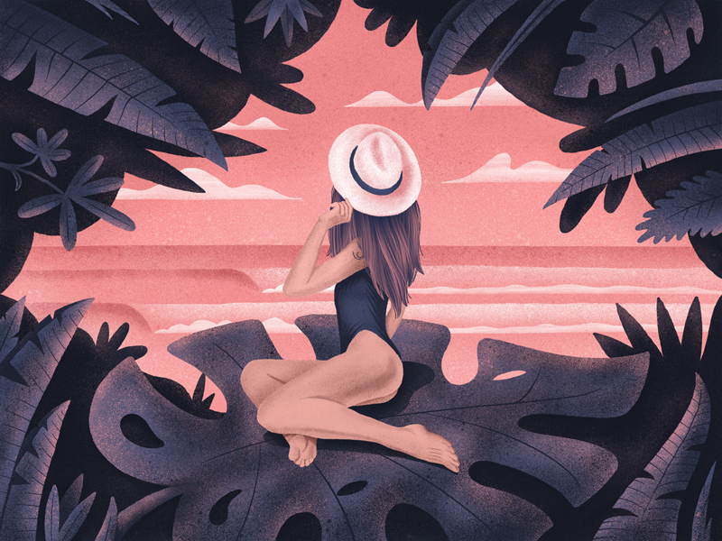 Bali Goddess Illustration beauty girl hat illustration island jungle ocean sexy swell texture tropical waves