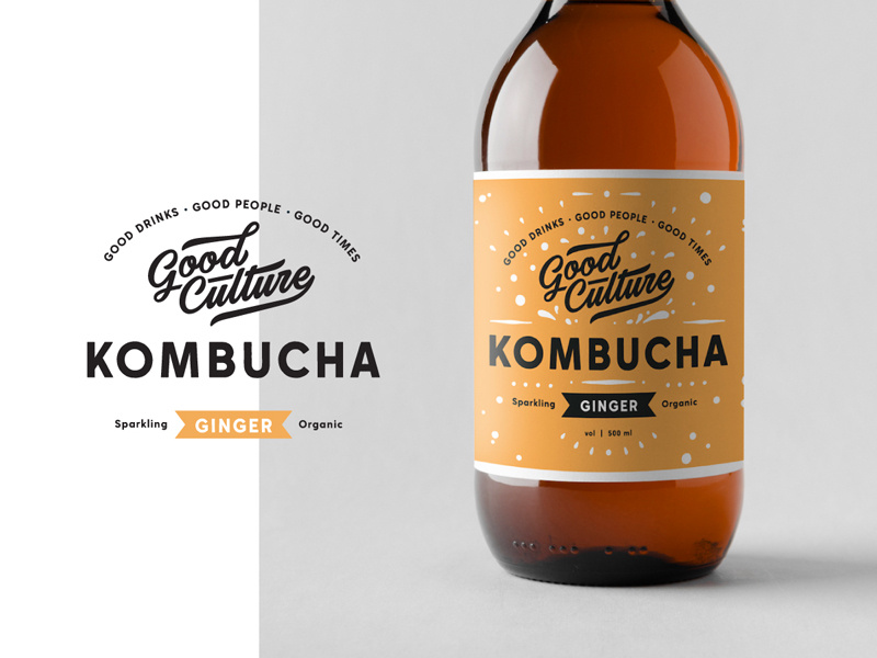 Kombucha branding bottle label lettering logo typography badge ginger amber kombucha drink fresh packaging