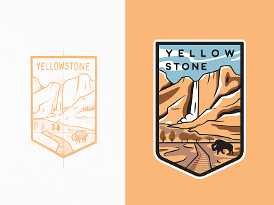 Yellowstone National Park adventure badge branding buffalo flat illustration line art lineart logo national park outline sketch travel typography waterfall yellowstone