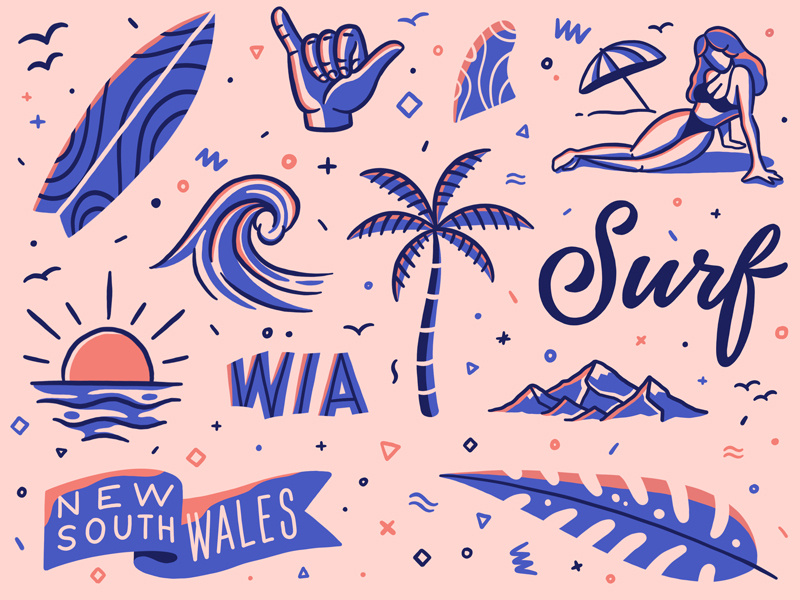 Surfer's Paradise adventures travel line art type outline illustration lettering typography leaf flag sunset mountains ocean wave surfboard fin girl palm surf pattern