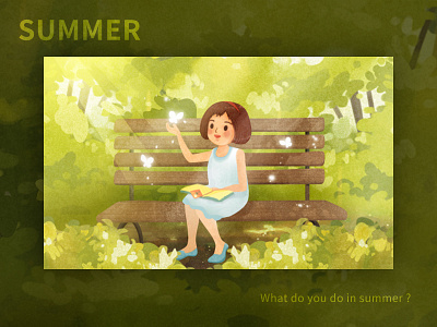 Summer bench butterfly character dress girl green summer tree