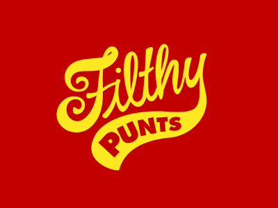 Filthy Punts futura lettering red script typography yellow