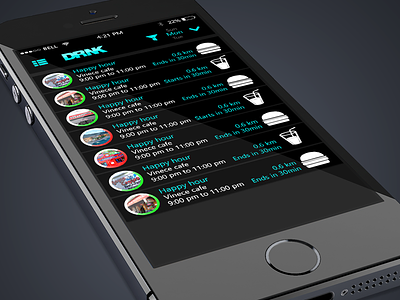 social app (main-screen) flat food happy hour app ios 7 iphone ui ux