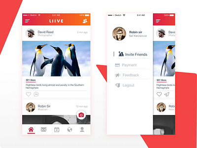 Liive (Main and side navigation screen) app design graphic ios pakistan social ui ux