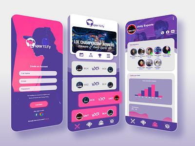 Esportify - Esports organizer, community network app UI android app community design esport esports gaming league of legends minimal team ui vector