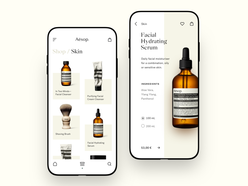 Aēsop typography e-commerce feed product inspiration design mobile prototype ux ui clean icons minimal betraydan