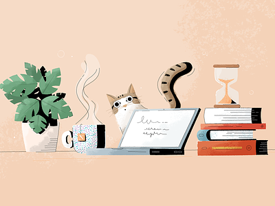 Literary blog illustration - Noveltea books cat cup of tea design graphic design illustration laptop plant tea timer