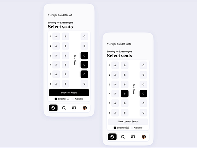 Airline App UI | Seat selection airline airlines airport app boarding booking clean concept design expedia flight flights minimal modern pass ticket tickets travel traveling ui