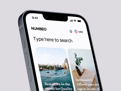 Numbeo Cost of Living iOS app | Home display app apple compare comparison concept crowdsource crowdsourced data database design display interface ios iphone life numbeo statistic statistics tool ui