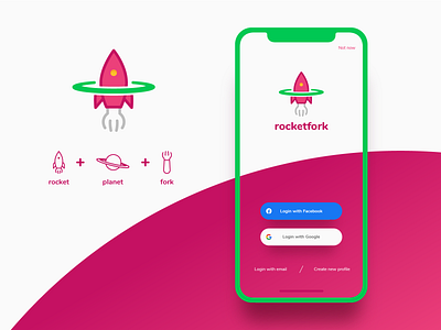 rocketfork app branding challenge design fork green icon interface ios logo planet purple rocket ui vector