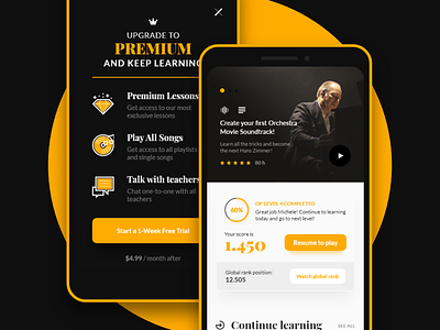 Learning - Classica - #Designflows2019 #2 android app black classical classical music design designflows flat icons interface ios learning music ui uiux xd yellow