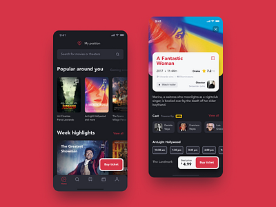 Cinema App 🎥 - #DailyUI app book ticket booking cinema cinema app design flat icon interface ios movie movie app red tickets ui ux