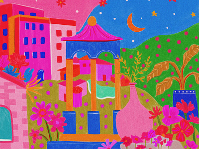 DAY AND NIGHT abstract art abstract illustration bright buildings city cityscape colorful illustration digital painting floral flowers illustration landscape leaves moon nature illustration pattern pink plants spring summer