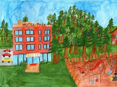 Hotel Park building children colorful cute forest gouache green house illustration kids nature plants rustic toys trees watercolor woods