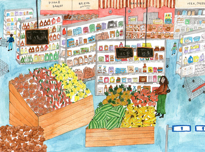 Shopping after work bakery colored pencils colorful cute drawing food fruits gouache illustration market painting people supermarket texture traditional vegetables watercolor
