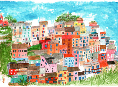 Manarola, Cinque Terre, Italy abstract illustration building city colored pencils colorful culture cute drawing gouache illustration nature texture traditional travel urban watercolor