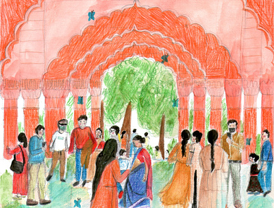 Red Fort, Lal Qila, Chandni Chowk, Delhi architecture building colored pencils colorful culture drawing eastern gouache illustration india indian people texture traditional travel watercolor