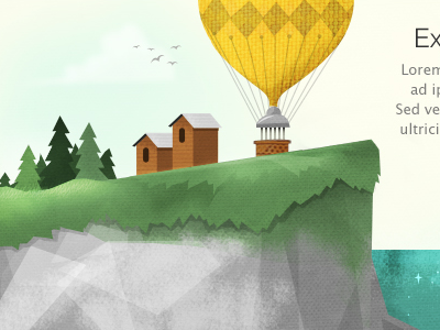 Explore New Features blue cliff gray green hot air balloon houses trees yellow