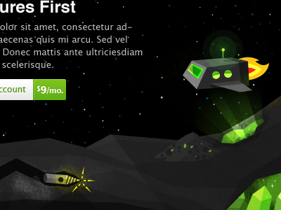 Get Features First black drill green mining glowing green stuff orange spaceship