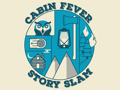 Cabin Fever Story Slam axe cabin fever fire flat illustration lantern mountain mystery story vector