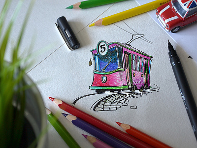 Oldstyle tramway drawing handmade illustration lvov odessa pencils tramway ukraine