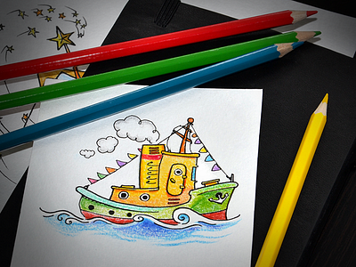Little Cartoon Ship flags ink pen odessa pencils sea ship tug ukraine