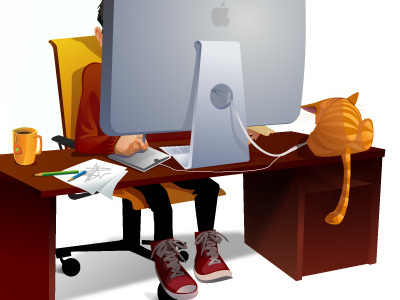 Designer at work apple cat designer imac keds macintosh pencils redkeds table tomcat work