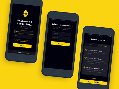 Lemon Mail - Sign up flow blockchain dark email app ios iphone app design mobile app modern slick ui design