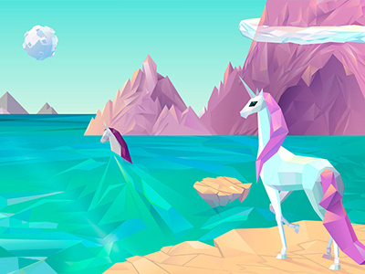 I am waiting for you last summer clouds illustration moon mountains parting polygonal sea unicorn violet