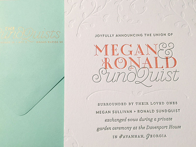 Wedding Announcements announcements design envelope gold illustration invite mint orange type vines wedding
