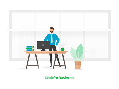 Grab4business_Working in happy mode :) books businessman coffee design grab illustration imac photoshop plants suit tie vector working working desk working professional