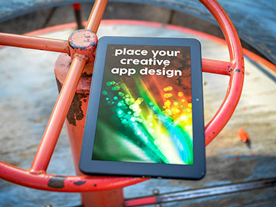 Tablet In The Park android app design kids mock up mock up mockup park photorealistic present preview web page web screen