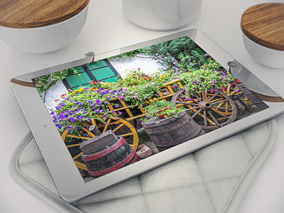 Tablets in The Kitchen application background interface ipad mock-up photorealistic responsive screen theme ui web website