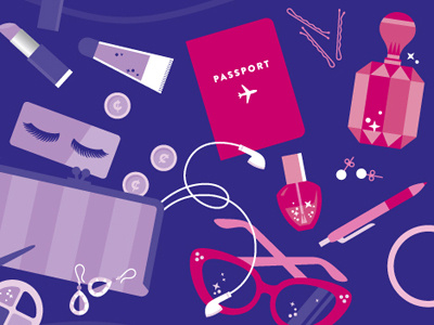 Bag Contents accessories bag bobby pins cosmetics girl illustration jewelry lipstick makeup nail polish passport perfume purse sunglasses