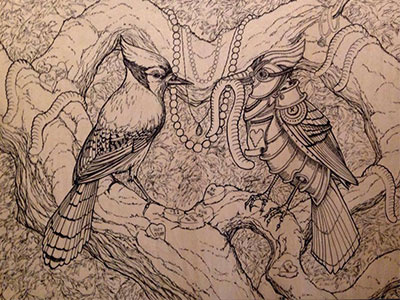 Lost In Translation - lines birds bluejay illustration ink monthoflove robot steampunk