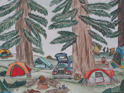 Campsite Painting campground camping hand drawn illustration landscape nature outdoors painting tents trees