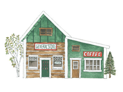 General Store Illustration brick and mortar cabin coffee shop illustration
