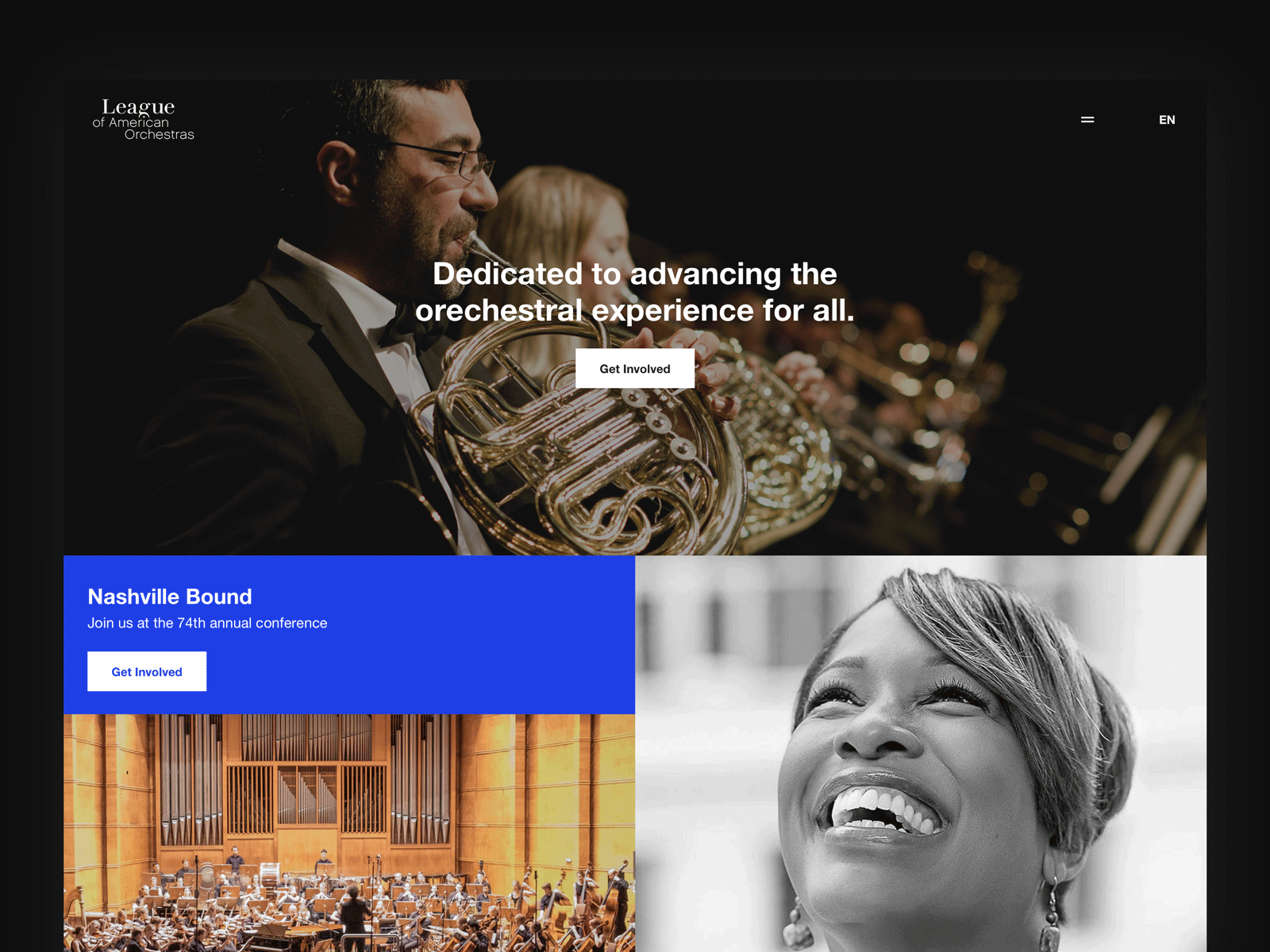 League of American Orchestras blue branding clean digital flat flat design minimal music musician orchestra simple ui web web design website