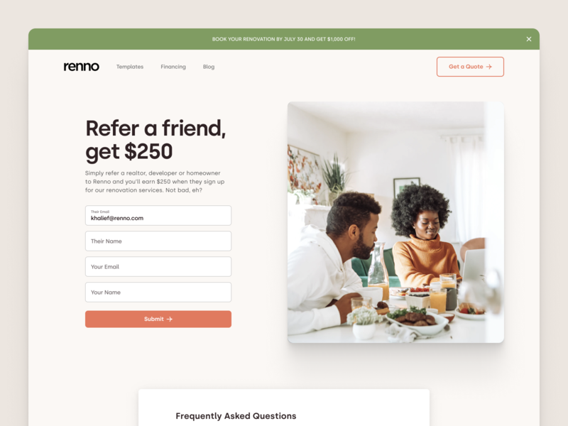 Renno Referral Program clean design digital flat home interior design landing page minimal referral renno renovation simple ui web