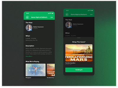 Events Detail Page board game cardboard companion clean dark mode event flat gradient green ios minimal mobile app proxima soft simple ui