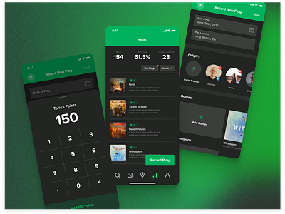 Board Game App – Stats Pages board game calculator cardboard companion dark mode game gradient green ios mobile app profiles proxima soft record stats stats