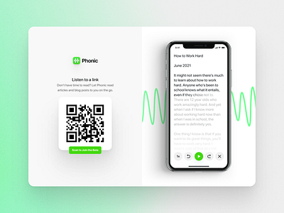 Phonic Website audio beta clean download page green landing page minimal mobile app qr code reader sf pro rounded simple sound subscription web website