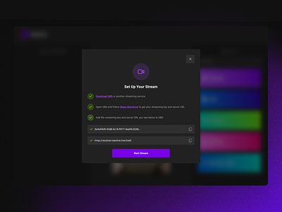 Start Stream Modal authentication clean design dialog digital flat minimal modal purple shopify simple streaming ui web web app