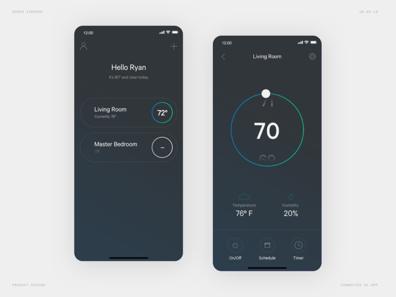 Air Conditioner App - Dark Mode air conditioner app blue clean dark mode digital flat green ios iphone minimal product design simple thermostat
