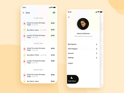 Expense App - Daily Report Screen & Sidebar Screen app design app graph app screen app sign in app sign up app ui daily report dark day night day night mode expense expense tracker iphonex mode new app side menu sidebar menu sidebar screen ux weekly report