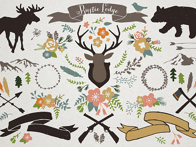 Rustic Mountain Lodge Clipart antlers arrows axes bear brown clip art clipart creative market cute drawing elk illustration lodge mountain mountains nature ribbons rustic vector wedding